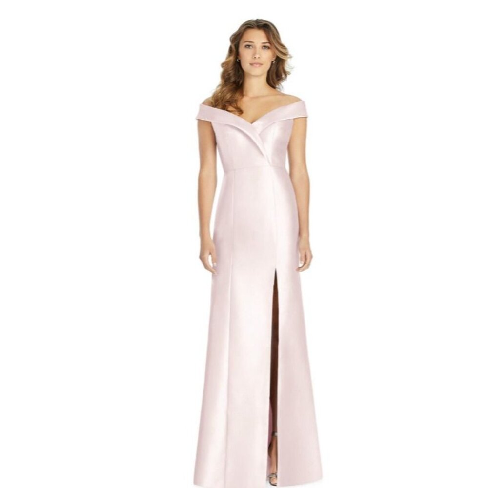 Alfred Sung 14 Formal Blush Pink Off Shoulder Trumpet Gown Front Slit D760 NWT